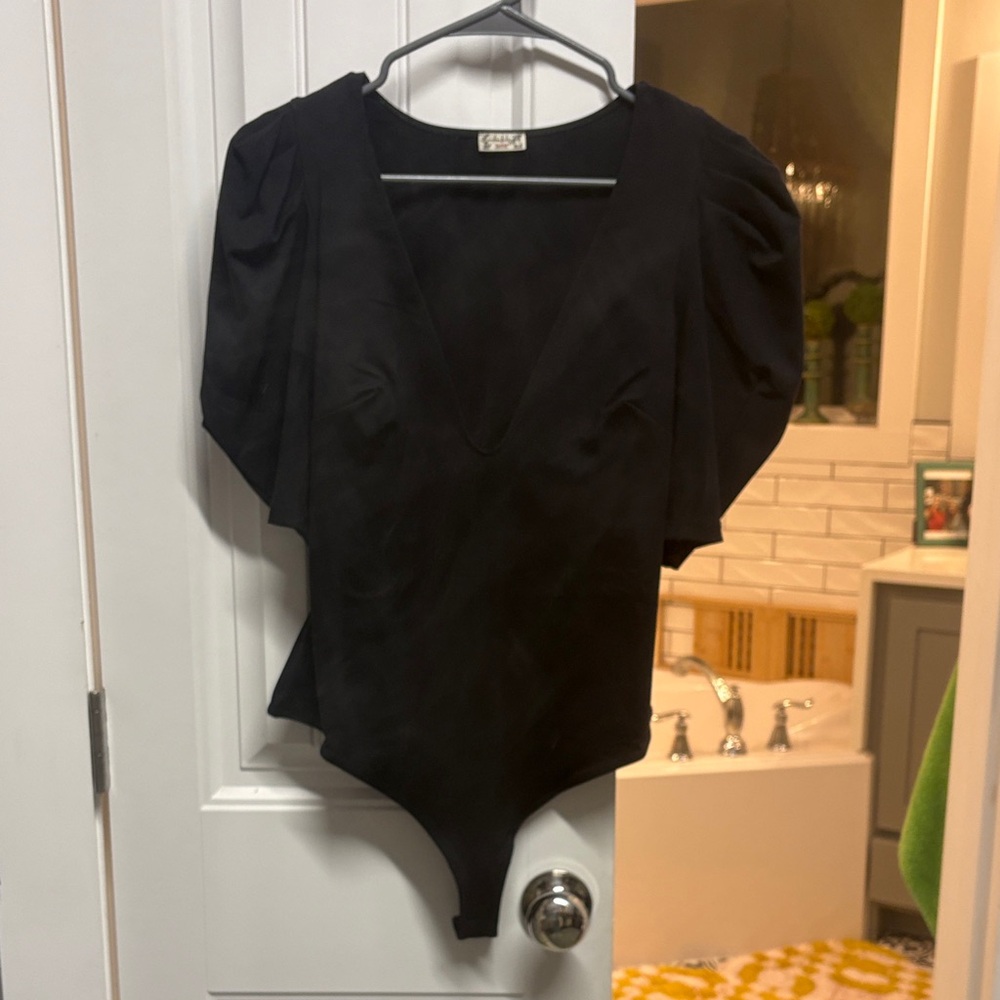 Free People Black V-Neck Puff-Sleeve Bodysuit